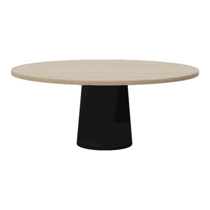 Round dining table with a light wood top and a sleek black base, showcasing a modern and minimalist design.