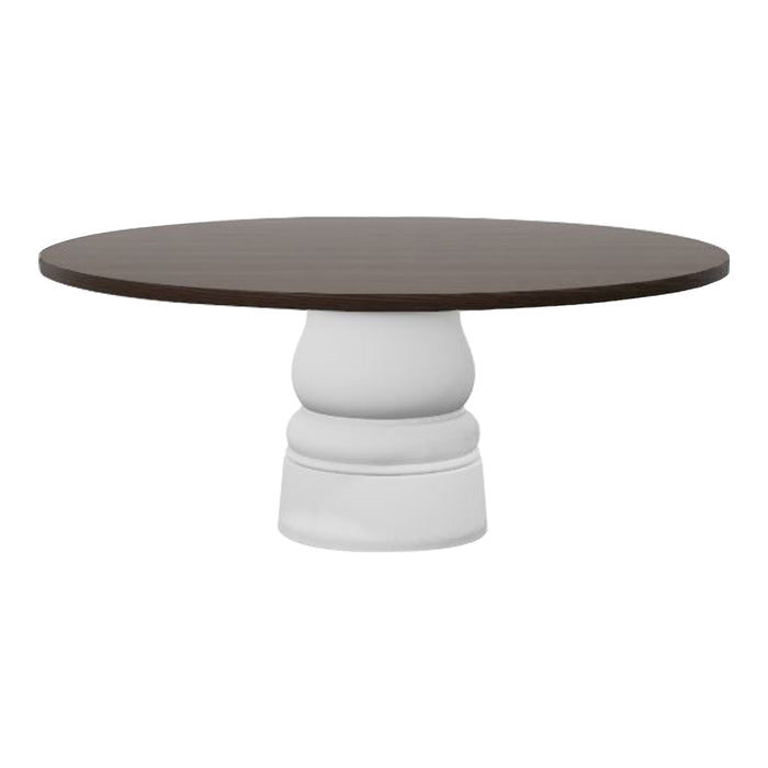 Round dining table with a dark brown wood top and a smooth white base, featuring a simple, modern design.