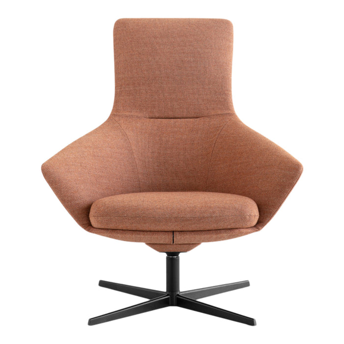 Stylish swivel chair in earthy brown fabric with a modern, minimalist design and sleek black base.