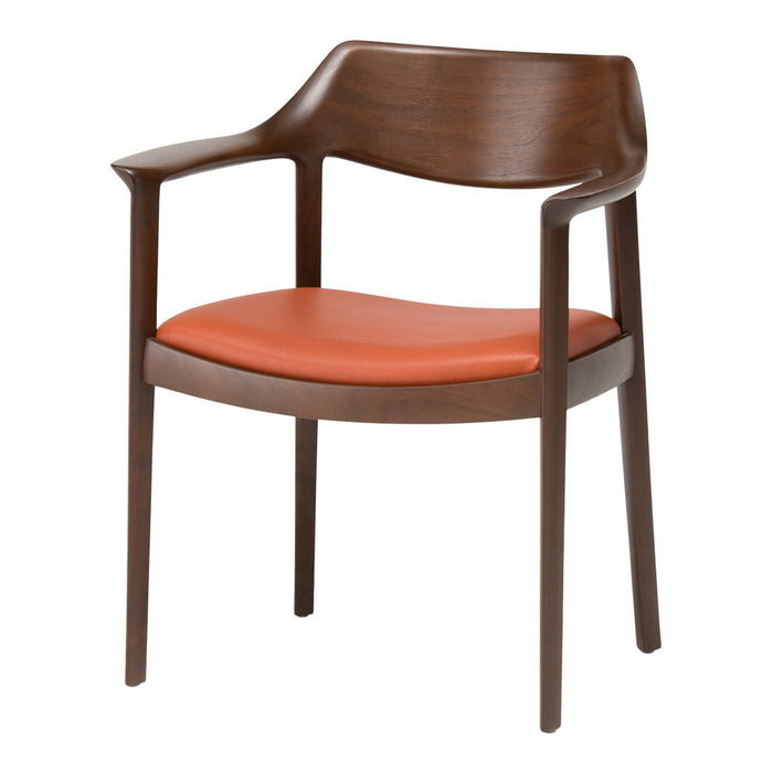 Brown wooden chair with a smooth, curved design and a vibrant orange cushion seat. Ideal for modern decor.