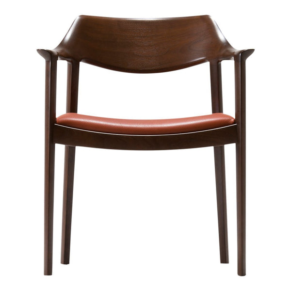 Brown wood chair with a smooth, curved design and a warm orange cushion seat. Elegant and modern aesthetic.