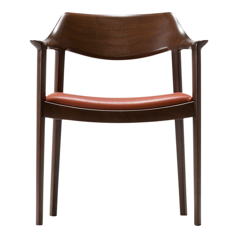 Brown wood chair with a smooth, curved design and a warm orange cushion seat. Elegant and modern aesthetic.