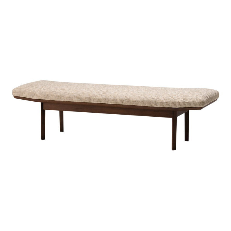 Beige upholstered bench with a smooth, rounded top and dark wooden legs. Simple, modern design for versatile decor.