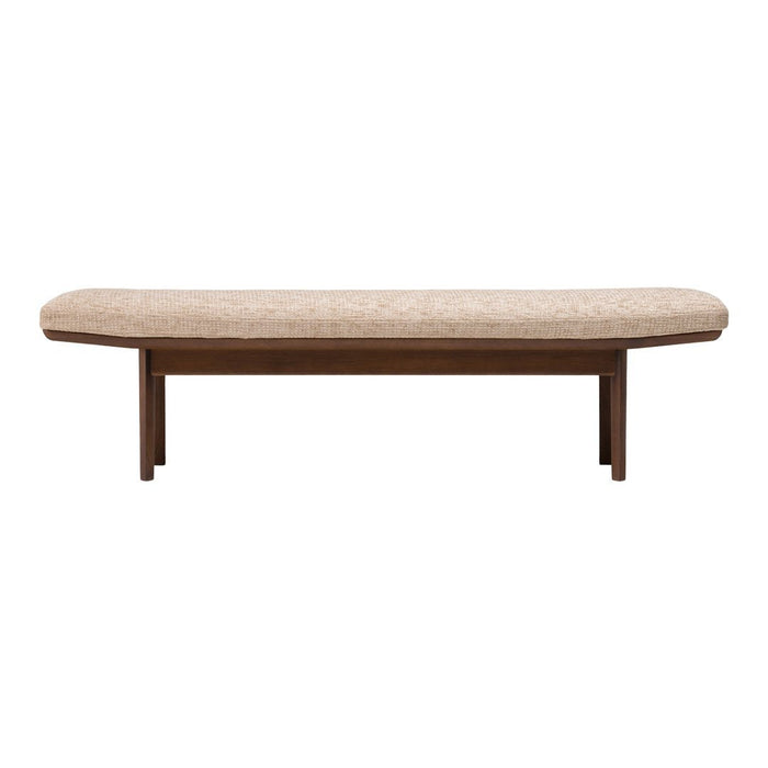 Beige upholstered bench with a smooth surface and wooden frame, designed for modern decor.