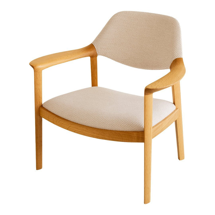 Light beige upholstered armchair with a natural wood frame, featuring a smooth, minimalist design.