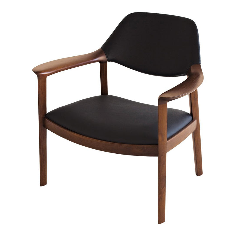 Black upholstered chair with wooden armrests and legs, featuring a smooth, modern design. Perfect for sleek interiors.
