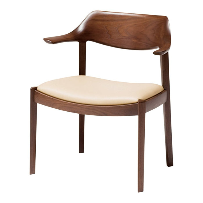 Elegant wooden chair in rich walnut finish with a creamy beige cushioned seat. Sleek, modern design for any space.