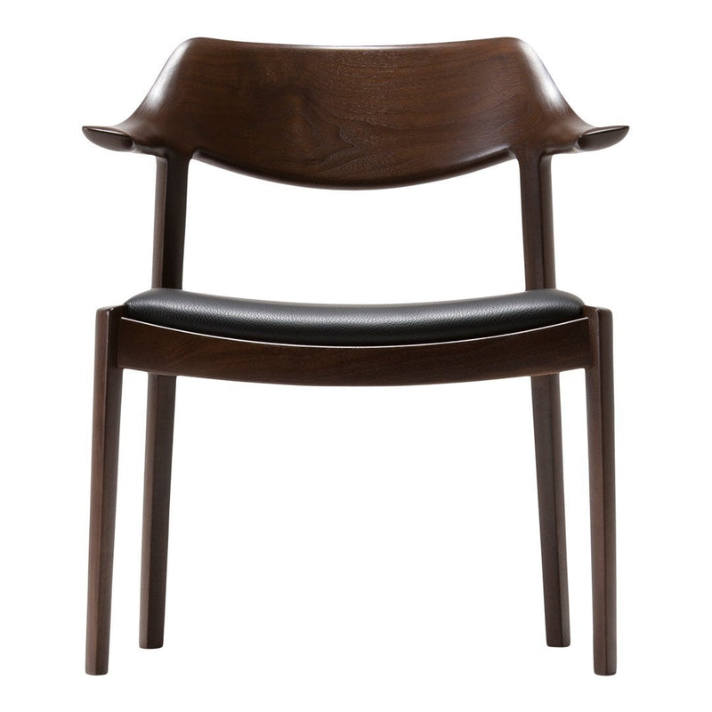 "Dark wood chair with smooth black leather seat, featuring a minimalist design and subtle curves."