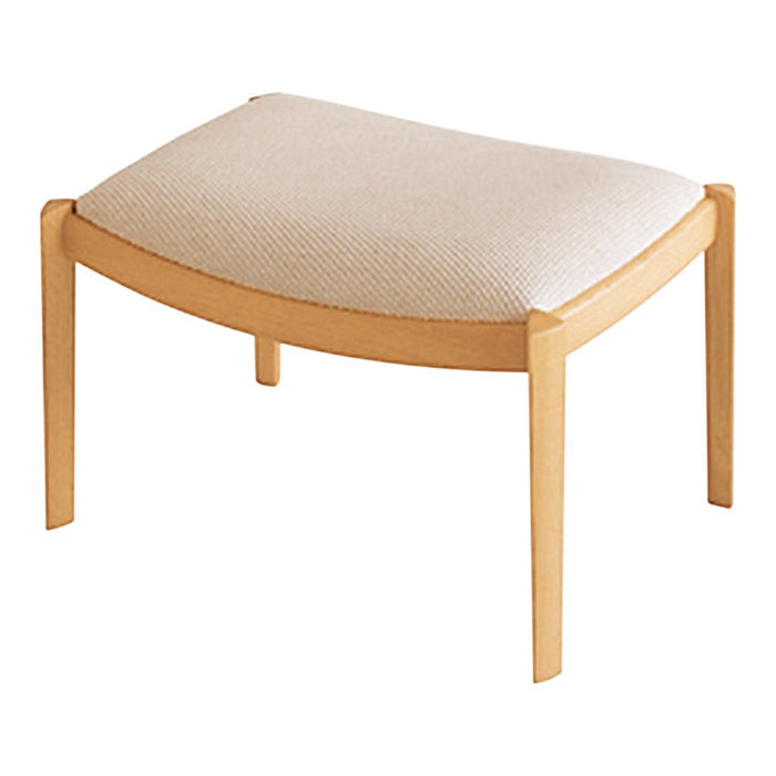 Beige cushioned ottoman with a textured pattern and light wood legs, offering a modern, minimalist aesthetic.