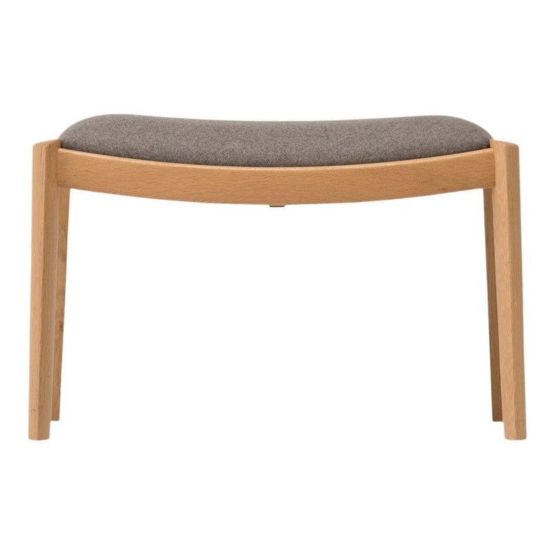 Gray upholstered bench with a smooth wooden frame, featuring clean lines and a minimalist design.