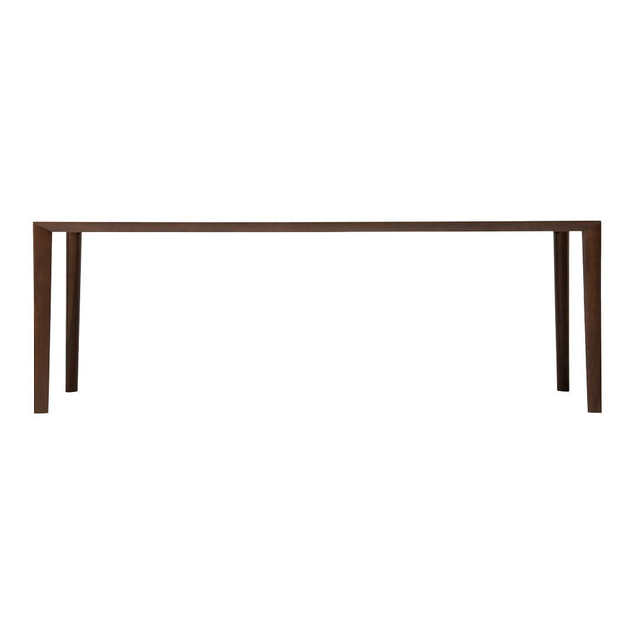 "Rectangular wooden table in dark brown finish, showcasing a sleek and minimalist design."