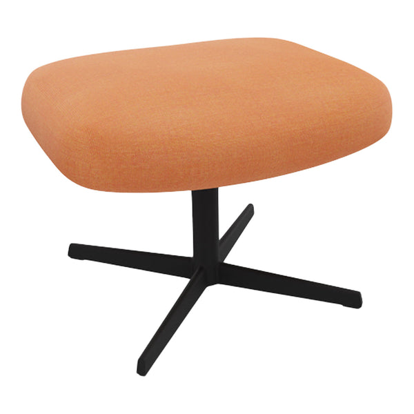 Modern orange upholstered ottoman with a sleek black metal base, featuring a smooth, rounded design.
