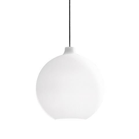 White spherical pendant light with a smooth, matte finish and minimalistic design, complemented by a black cord.
