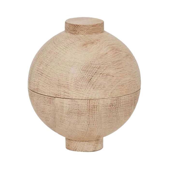 Natural wood texture storage container in a round shape with a light beige finish. Ideal for minimalist décor.