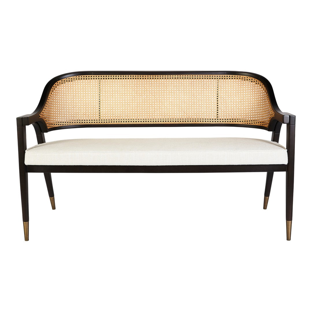 Elegant black and natural cane loveseat with a cream cushion, showcasing a classic and modern design.