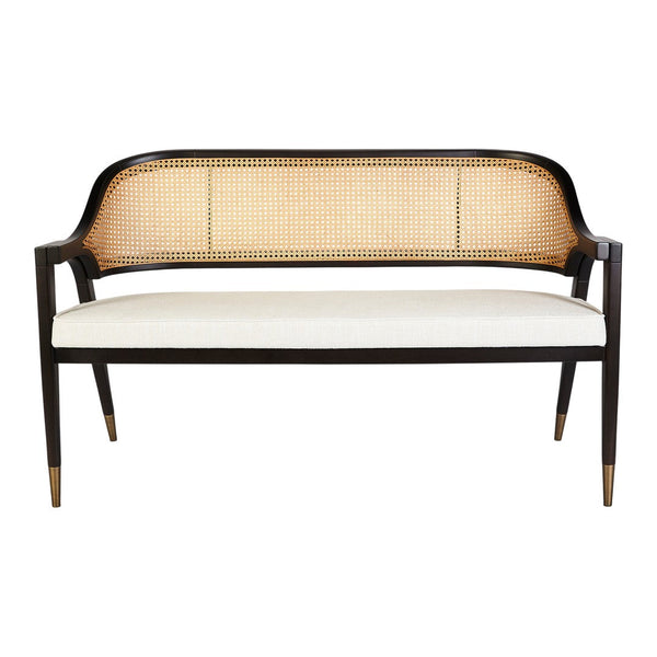 Elegant black and natural cane loveseat with a cream cushion, showcasing a classic and modern design.