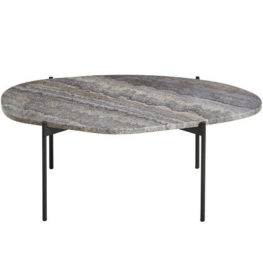 Oval coffee table with a grey and black marbled top and sleek black metal legs. Modern design and contemporary style.