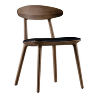 Minimalist wooden chair featuring a warm walnut finish with a sleek black seat.