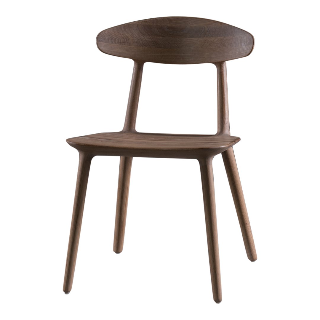 Brown wooden chair with a smooth, natural finish and minimalist design, featuring a curved backrest and tapered legs.