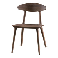 Brown wooden chair with a smooth, natural finish and minimalist design, featuring a curved backrest and tapered legs.