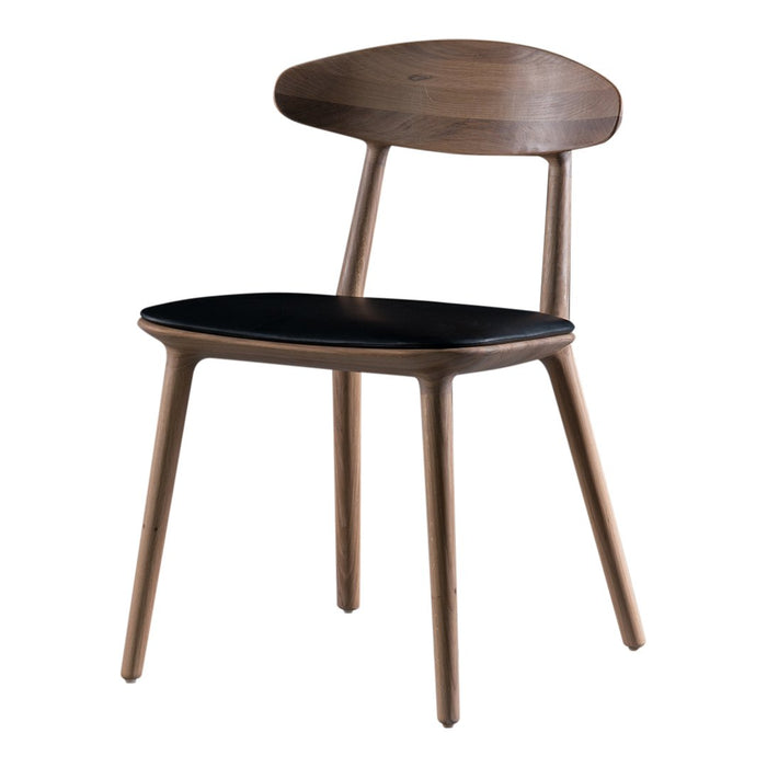 Brown wooden chair with a sleek black seat and smooth curved backrest. Modern design and minimalist style.