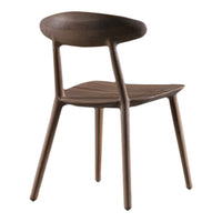 Natural wood chair in rich walnut finish with smooth, minimalist design and curved seat for modern elegance.