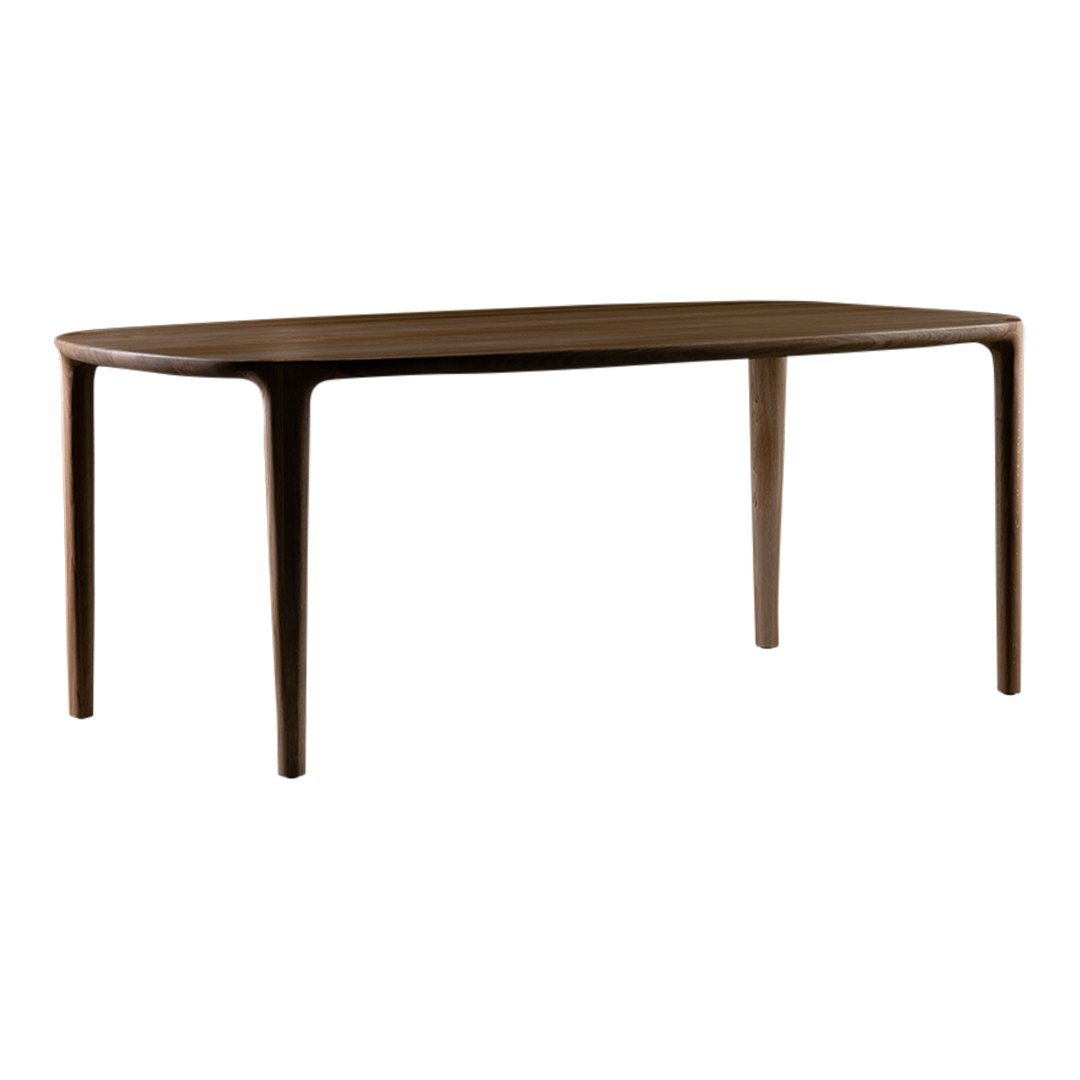 Dark wood dining table with a smooth, minimalist design and elegantly tapered legs. Perfect for modern interiors.