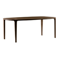 Dark wood dining table with a smooth, minimalist design and elegantly tapered legs. Perfect for modern interiors.