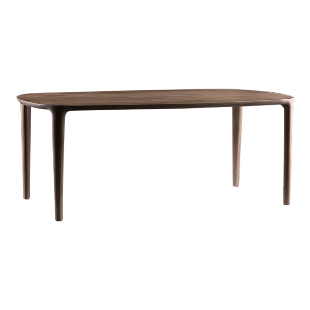 Stylish brown wooden dining table with a smooth, curved design and tapered legs. Perfect for modern interiors.