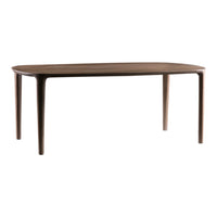 Stylish brown wooden dining table with a smooth, curved design and tapered legs. Perfect for modern interiors.