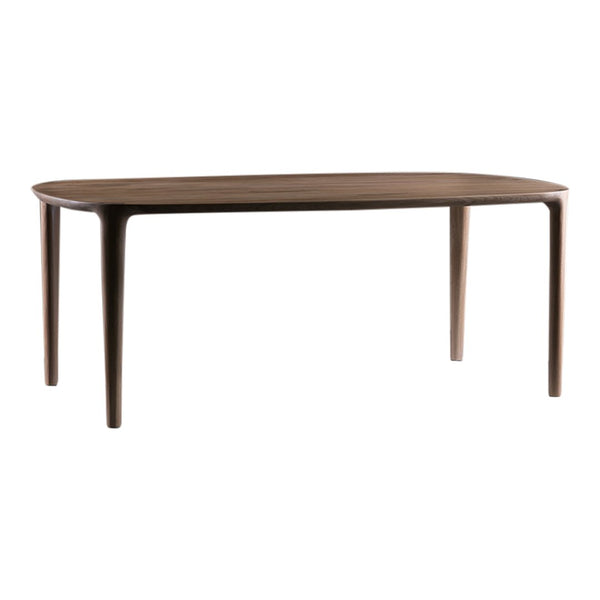 Stylish brown wooden dining table with a smooth, curved design and tapered legs. Perfect for modern interiors.