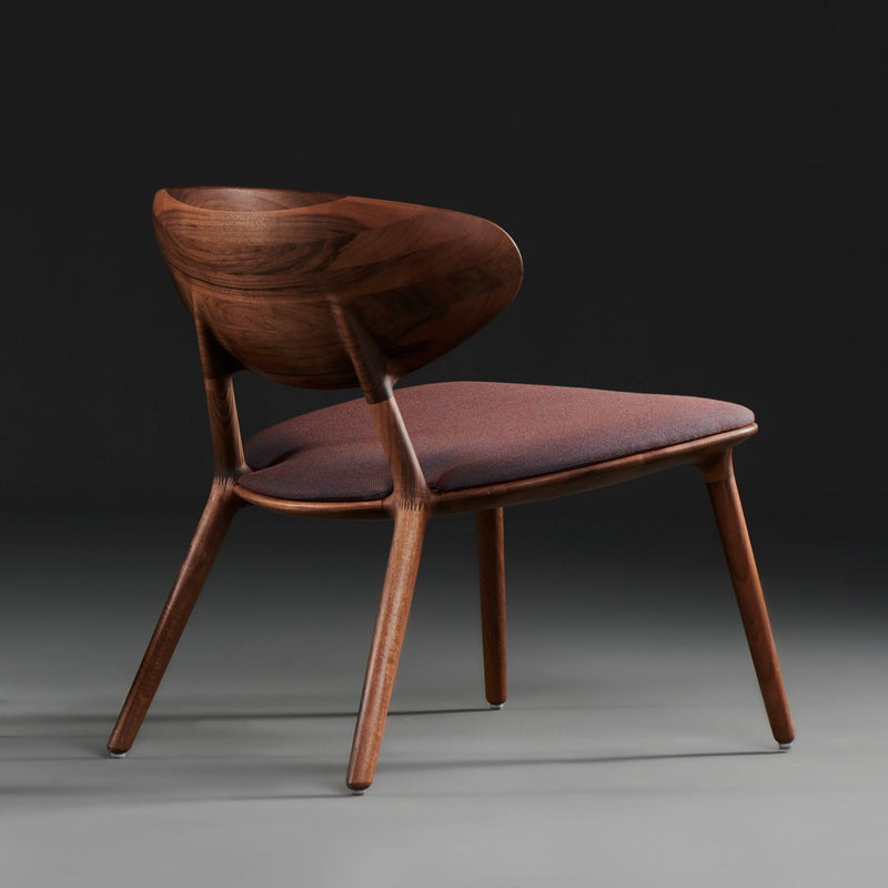 Mid-century modern chair featuring a rich walnut finish and a deep burgundy upholstered seat and backrest.