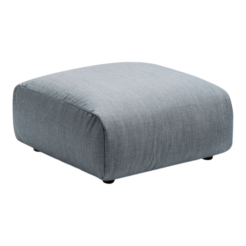 Light gray, square ottoman with a smooth, textured fabric finish and rounded edges. Perfect for modern decor.