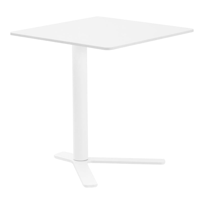 Square white table with a smooth, minimalist design and a sturdy, three-legged base. Perfect for modern decor.