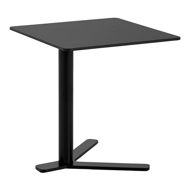 Black square side table with a sleek, modern design and simple geometric patterns. Ideal for minimalist decor.