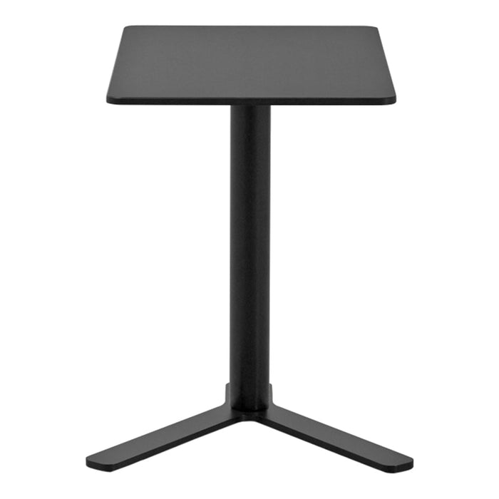 Sleek black square table with a minimalist design and sturdy three-legged base. Perfect for modern decor.