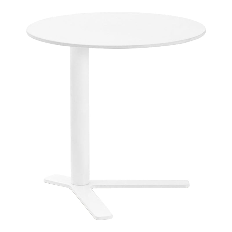 Round white table with a sleek, minimalist design and smooth surfaces, perfect for modern spaces.