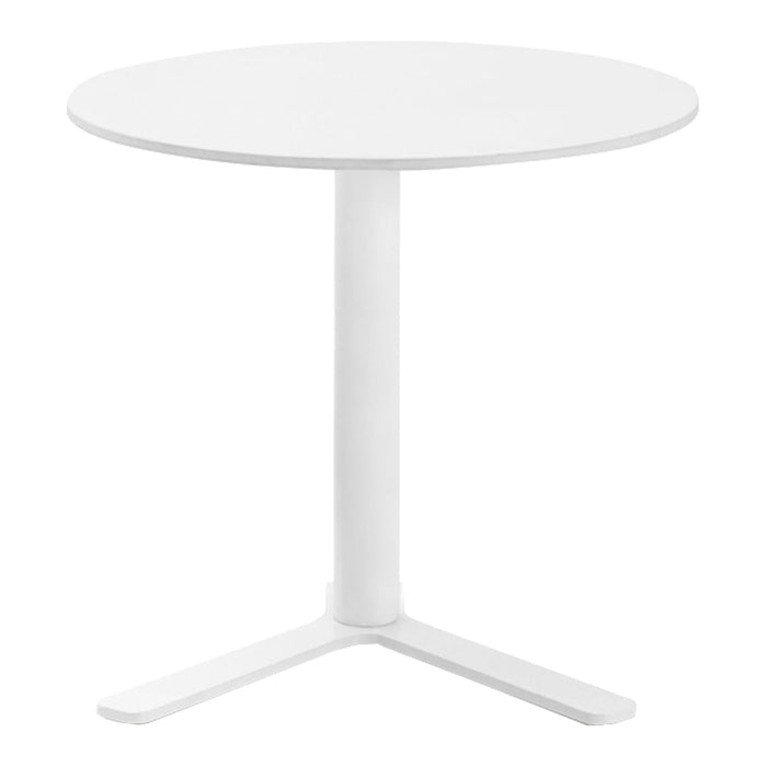 White round table with a sleek, modern design, featuring a smooth surface and minimalist base. Perfect for any space.