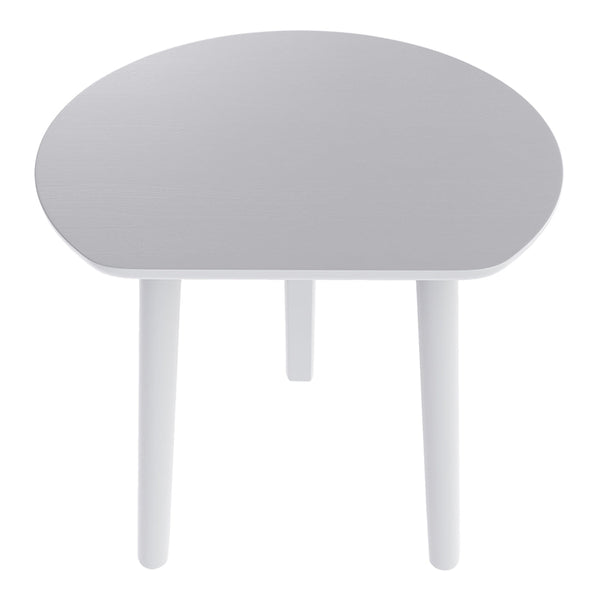 Round gray table with a smooth finish and white legs, perfect for modern decor.