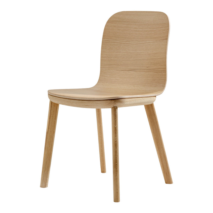 Natural wood chair with a smooth, light oak finish and minimalist design; no patterns, emphasizing simplicity.