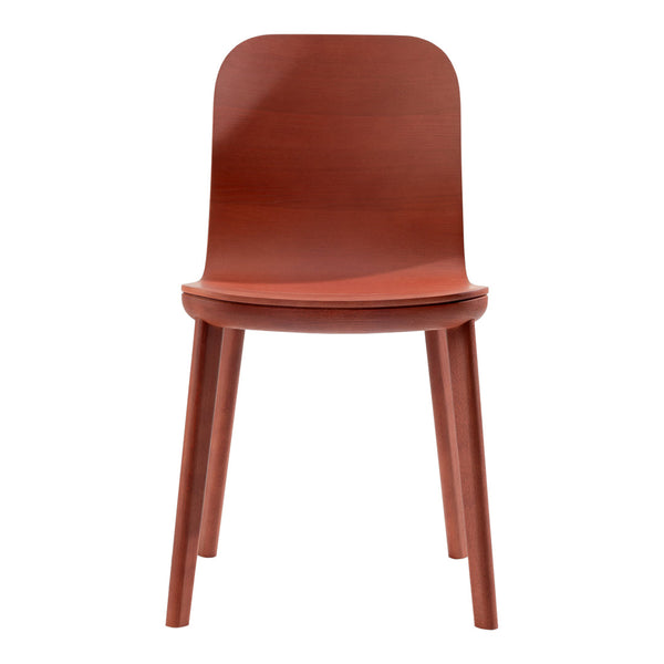 Rust-colored wooden chair with a smooth finish and minimalist design, featuring tapered legs and a curved backrest.