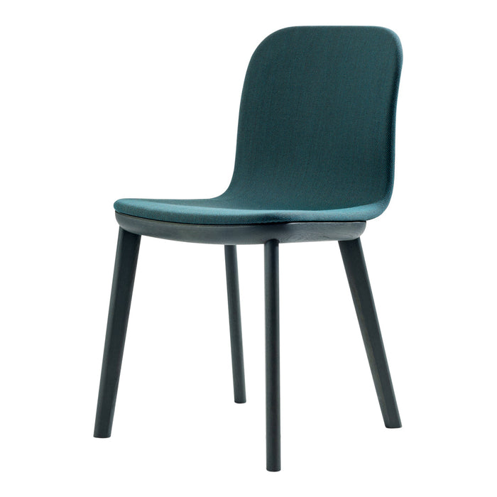 Teal upholstered chair with sleek black legs and a minimalist design, perfect for modern decor.