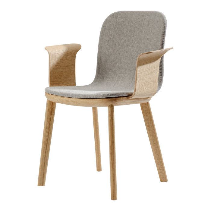 Light gray upholstered chair with natural wood armrests and legs, featuring a minimalist design and smooth finish.