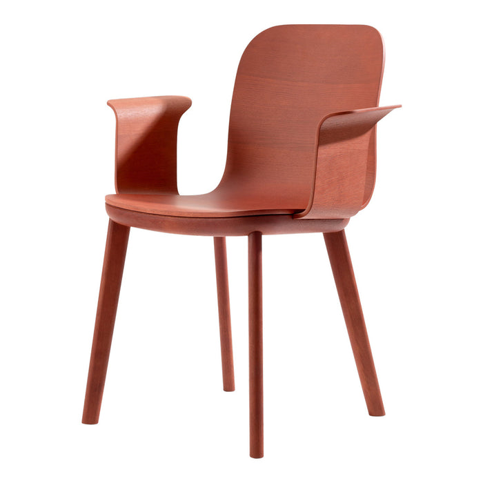 Rust-colored modern chair with smooth, minimalist design and sturdy wooden legs. Perfect for contemporary decor.