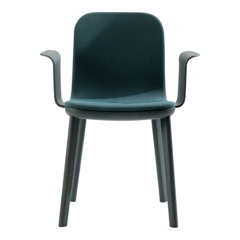 Dark teal chair with a smooth, textured finish and sleek, contrasting gray legs. Stylish and modern design.