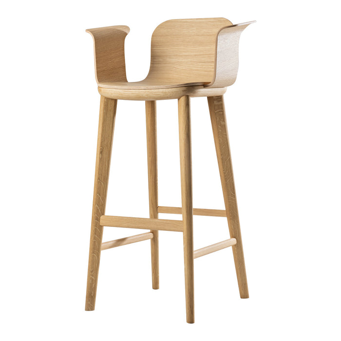Light oak bar stool with a smooth finish and modern, curved design; simple, natural wood pattern.
