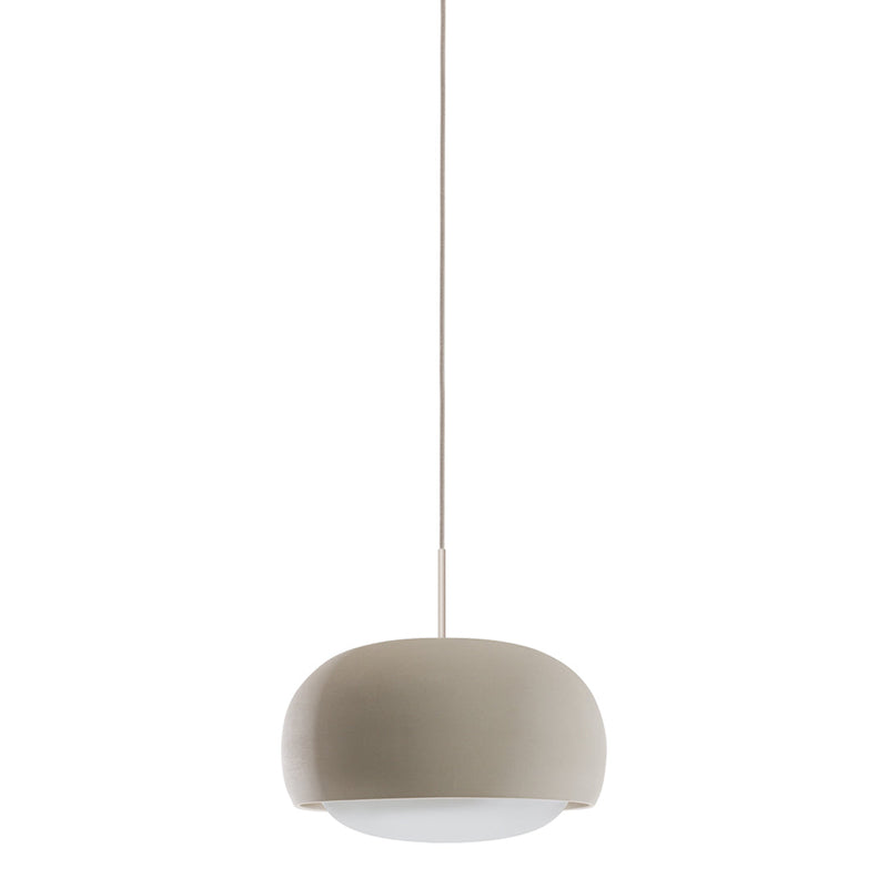 Beige pendant lamp with a smooth, rounded shape and a white diffuser, suspended by a slender cord. Perfect for modern spaces.