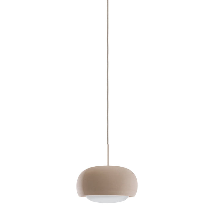 Beige and white pendant light with a smooth, rounded shape, perfect for modern decor.