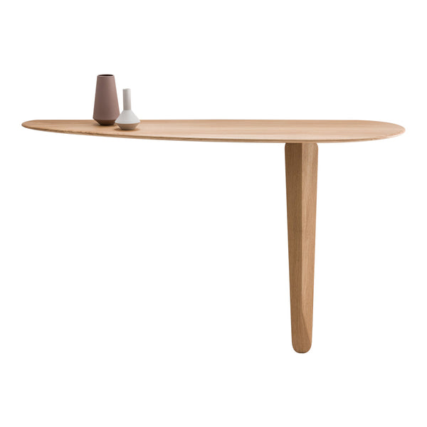 Light wood wall shelf with smooth oval shape and minimalistic design, featuring neutral-colored vases on top.