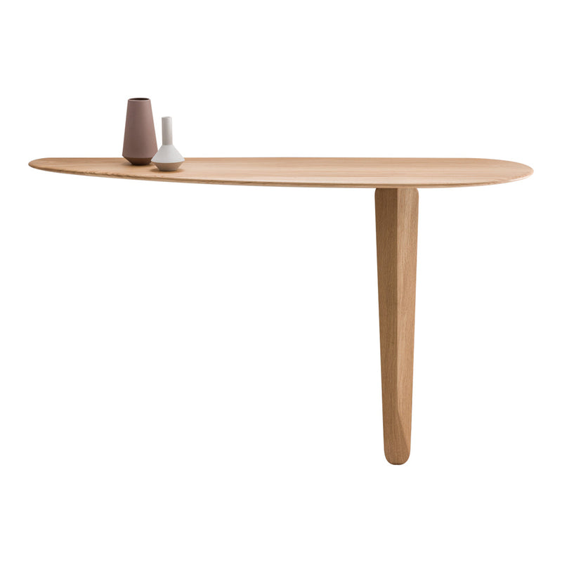 Light wood wall shelf with smooth oval shape and minimalistic design, featuring neutral-colored vases on top.